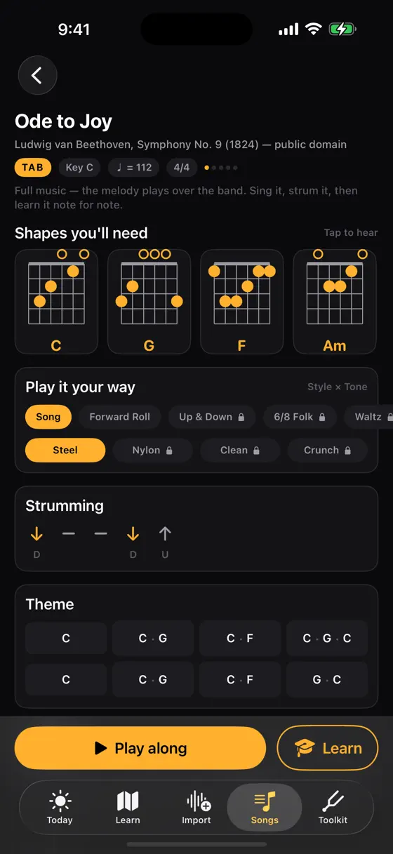 A real Soloist Guitar song page for Ode to Joy with chord shapes, strumming pattern, and play-along