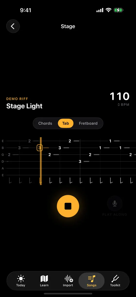 The Soloist Guitar Stage playing a riff in tab at 110 BPM