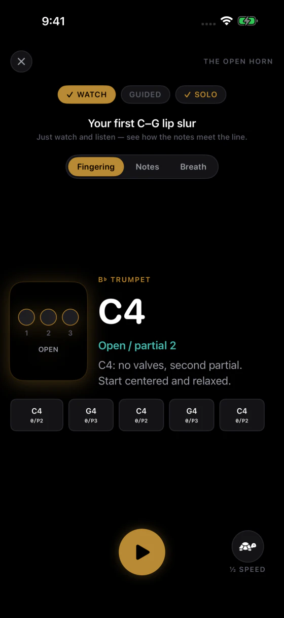A real Soloist Trumpet lesson showing open valves, written C4, and partial 2