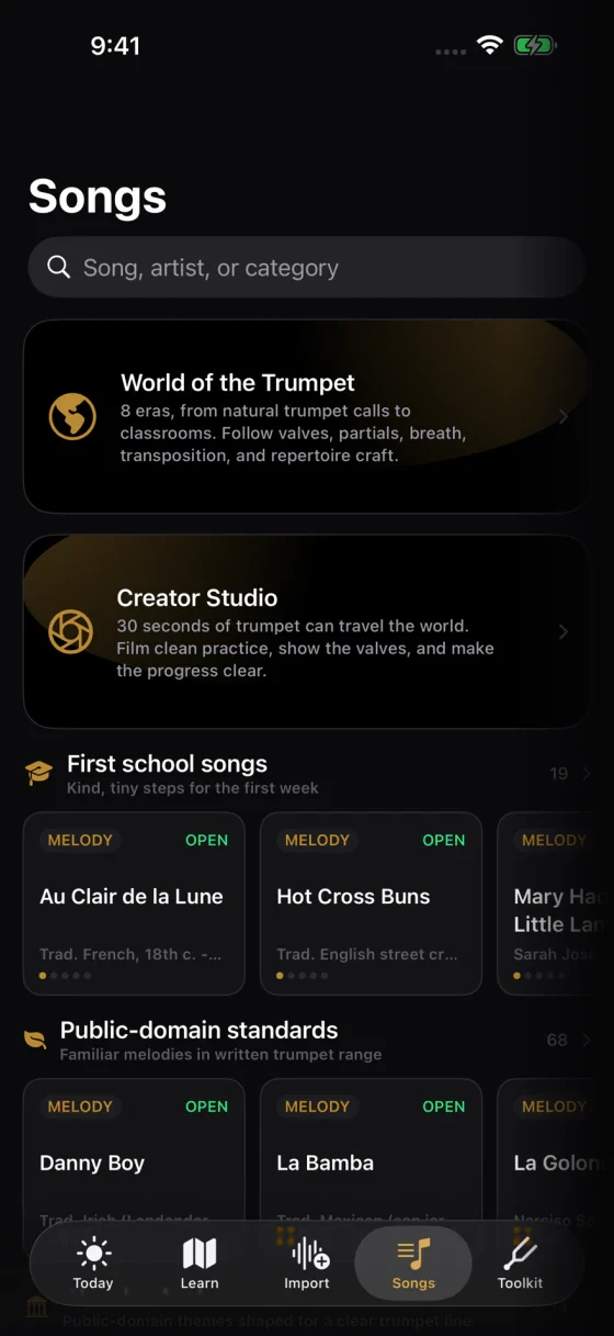 The real Soloist Trumpet song shelves and Creator Studio