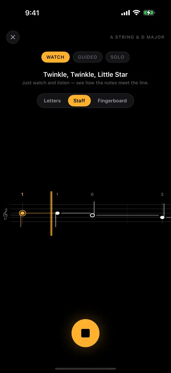 A Soloist Violin lesson for Twinkle Twinkle Little Star shown in staff view