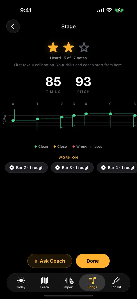 A Soloist Violin take review reading Heard 15 of 17 notes, with timing and pitch scores